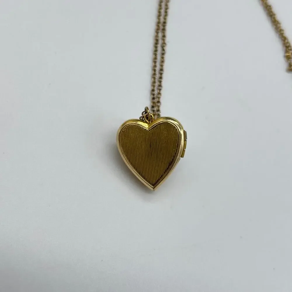 Vintage Locket Enamel Heart Rhinestone Flower Gold Tone Necklace Art Deco Floral